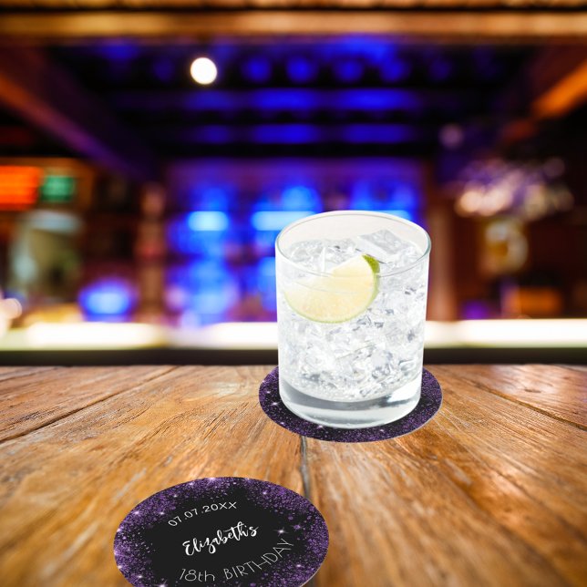 Geburtstagsname lila Glitzer Mädchenname Runder Pappuntersetzer (Von Creator hochgeladen)