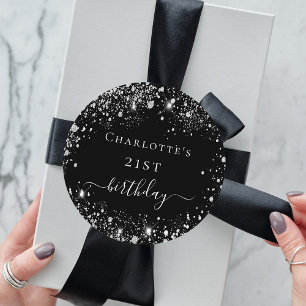 Geburtstagsname Schwarzer Glitzer Runder Aufkleber