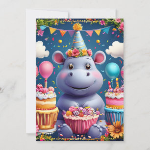 Geburtstagsnilpferd mit Kuchen und Ballons Einladung