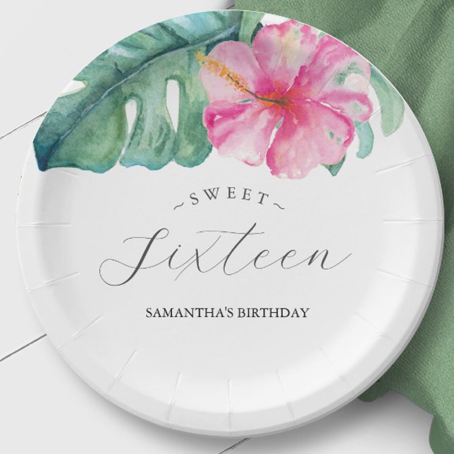 Geburtstagspapier Teller Sweet 16 Tropical (Birthday party sweet 16 paper plates tropical luau theme art and design by Victoria Grigaliunas)