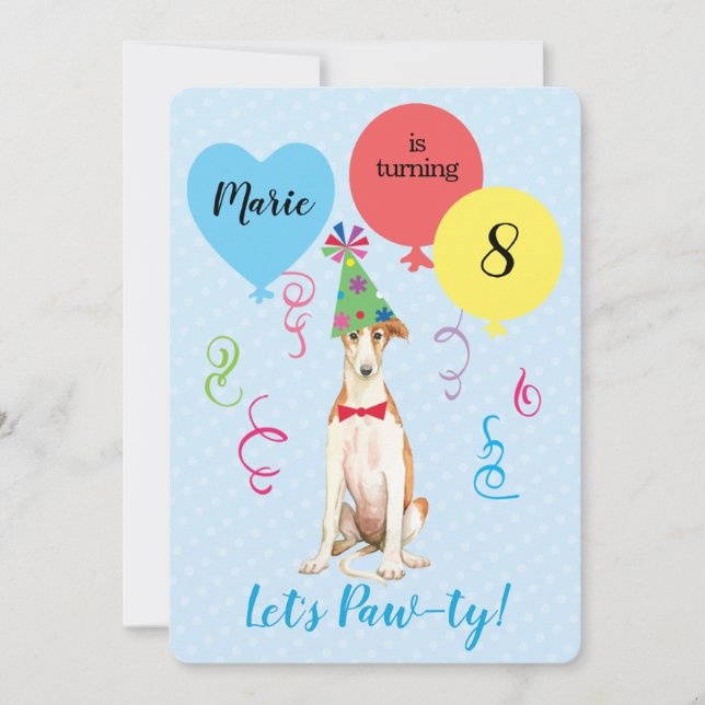 Geburtstagsparballons Borzoi Einladung (Vorderseite)