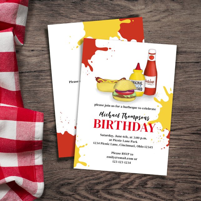 Geburtstagspartei Custom Outdoor GRILLEN Einladung (Birthday invitation with hamburger, hotdog, ketchup, and mustard. With a scannable QR Code. )