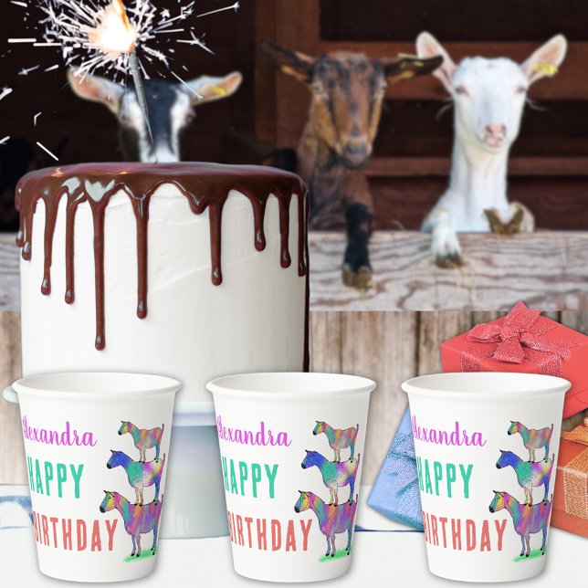 Geburtstagspartei der Ziegenfarm Pappbecher (Cute goat stack colorful animal art custom birthday party paper cups watercolor farm animals)