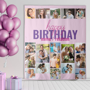 Geburtstagspartei Foto Collage Pink Custom Backgro Wandteppich