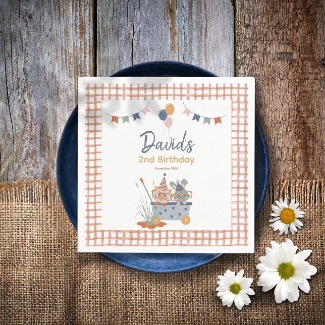 Geburtstagspartei für Tierfreunde Serviette (Farm Animal Birthday Napkin Balloon Bunting Flags Pig Bunny Orange Gingham Border)