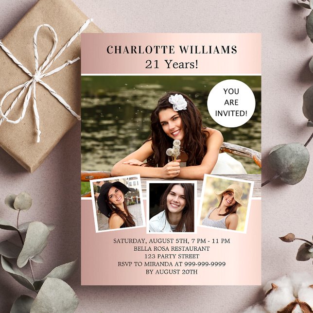 Geburtstagspartei Rose Gold Foto Collage Einladungspostkarte (Von Creator hochgeladen)
