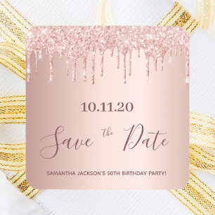 Geburtstagspartei Rose Gold Glitzer Save the Date Quadratischer Aufkleber