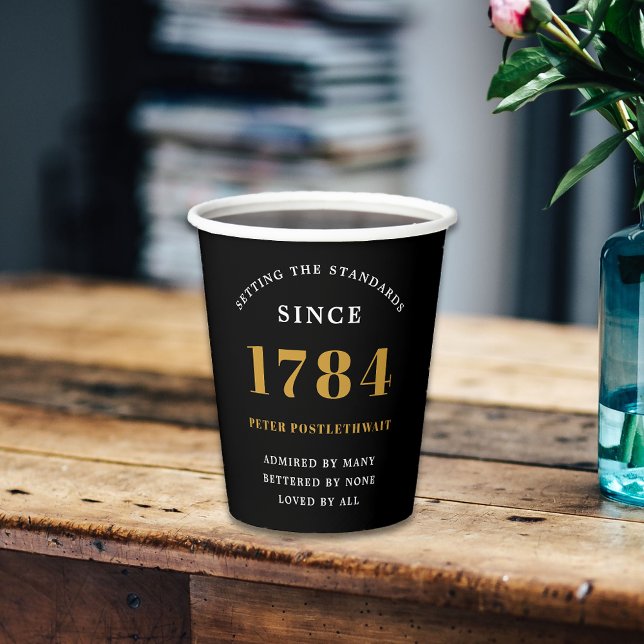 Geburtstagspartei Schwarzes Gold jedes Jahr Pappbecher (Personalized Birthday paper cups in black and gold. Easy to edit text for a unique touch.)