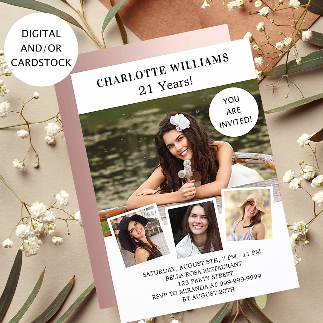 Geburtstagspartei Weißer Rosengold Foto Collage Einladung (Von Creator hochgeladen)