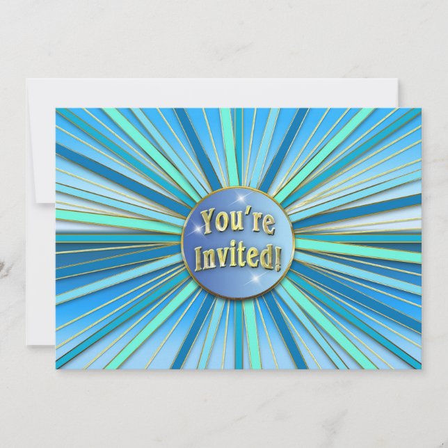 GEBURTSTAGSPARTEINVITATION - SONNENBURST BLAU/GOLD EINLADUNG (Vorderseite)