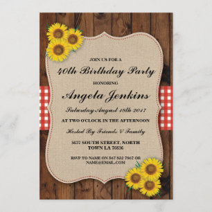 Geburtstagsparty 40. Sonnenblume Holz Burlap Einla Einladung