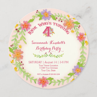 Geburtstagsparty 4 Jahre altes Mädchen, Wasserfarb Einladung