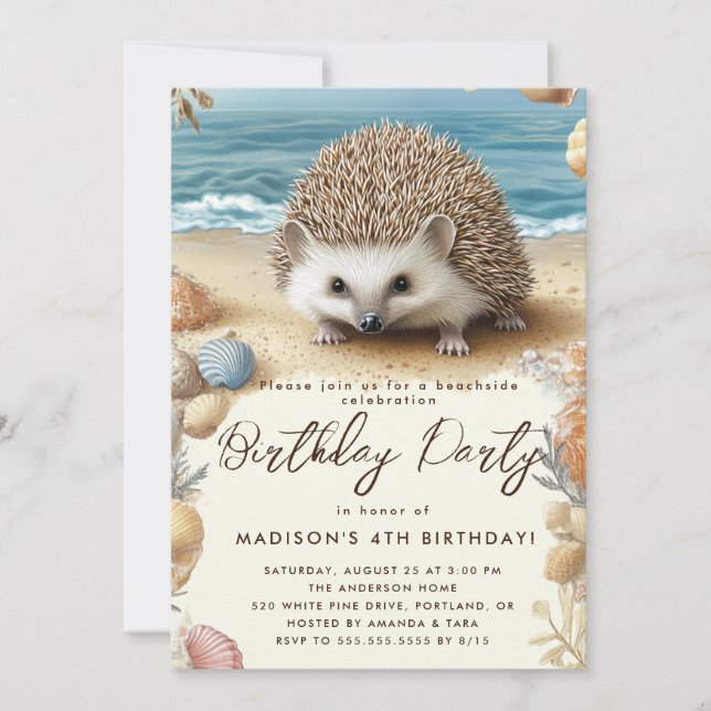 Geburtstagsparty am Strand und Igel Einladung (Vorderseite)
