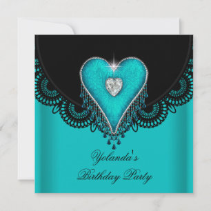 Geburtstagsparty Aquamarin Blue Heart Black Lace Einladung