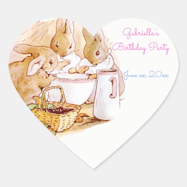Geburtstagsparty Beatrix Potter, Custom Herz-Aufkleber (Vorderseite)