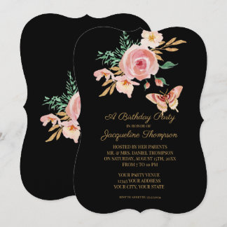 Geburtstagsparty Black in Blush Butterfly mit Blum Einladung