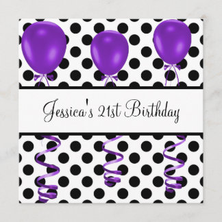 Geburtstagsparty Black & White Spots Lila Balloons Einladung