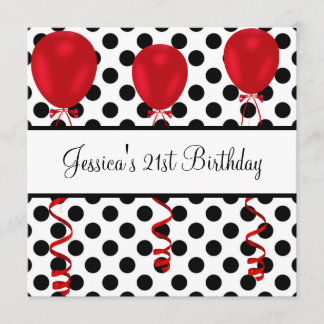 Geburtstagsparty Black & White Spots Red Balloons Einladung