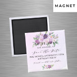 Geburtstagsparty Blume Save the Date Magnet<br><div class="desc">Ein moderner und eleganter Save the Date Magnet für Ihre Meilenstein Geburtstagsfeier. Wasserfarbene violette Farbe,  lavender Hintergrund,  schwarzer Text. Mit violetten und violetten Blumen dekoriert. Personalisieren und fügen Sie Datum und Namen hinzu. Der Text: Save the Date ist mit einem großen angesagten,  handgeschriebenen Stilskript geschrieben.</div>