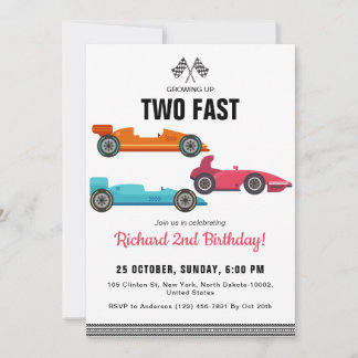 Geburtstagsparty "Boy Two Fast Race Car" Einladung