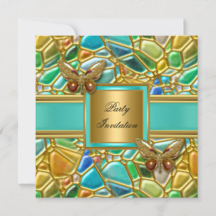Geburtstagsparty Butterfly Gold Aqua Blue Mosaik Einladung