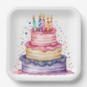 Geburtstagsparty Cake Watercolor Pink Lila Pappteller