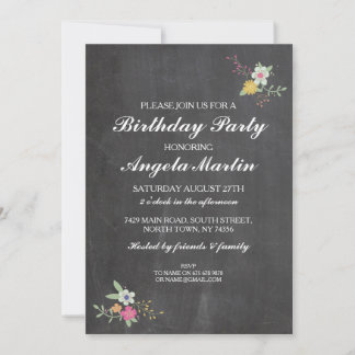 Geburtstagsparty Chalkboard Floral Blume Einladung