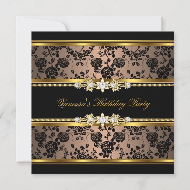Geburtstagsparty Damask Kaffee Gold Black Einladung (Vorderseite)