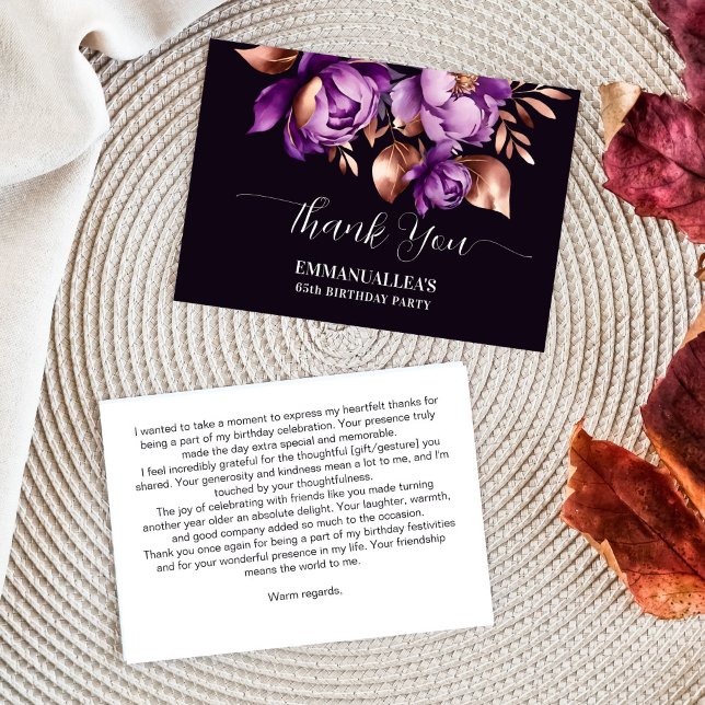 Geburtstagsparty danke Ihnen lila Spielzeugvorlage (Birthday party thank you card purple peonies rose gold flowers template thank you card)