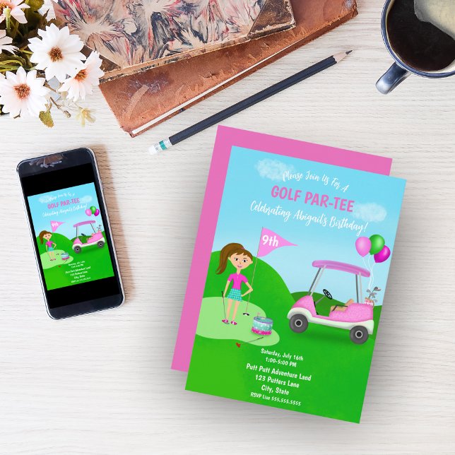 Geburtstagsparty der coolen Girl's Golden Themed Einladung (Celebrate your child's birthday with this fantastic golf party invitation!)