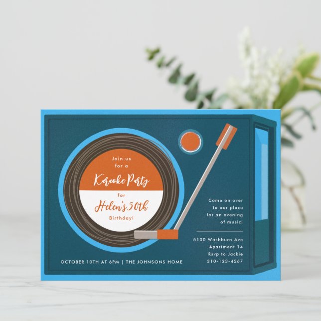 Geburtstagsparty der Plattenspielermusik Einladung (Stehend Vorderseite)