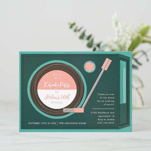 Geburtstagsparty der Plattenspielermusik Einladung (Stehend Vorderseite)