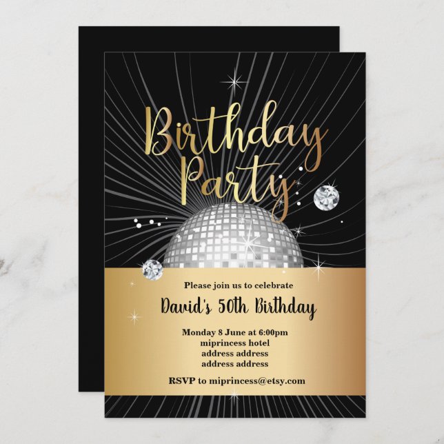 Geburtstagsparty, Disco-Party Einladung (Vorne/Hinten)