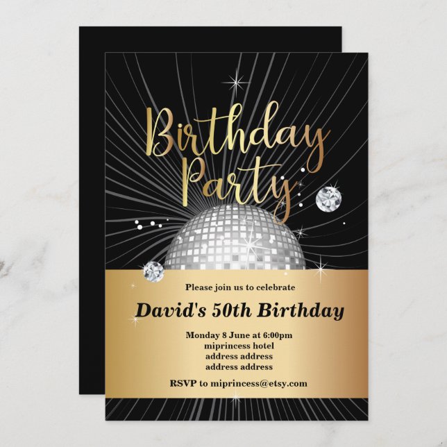 Geburtstagsparty, Disco-Party Einladung (Vorne/Hinten)