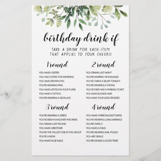 Geburtstagsparty Drink Wenn Spiel editierbare Kart (Vorderseite)