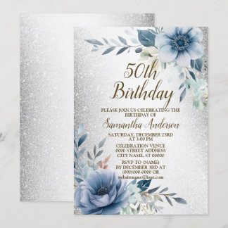 Geburtstagsparty Dusty Blue Watercolor Blume Silve Einladung