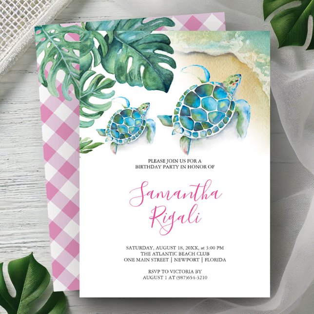 Geburtstagsparty Einladung Girl Sea Turtle (Birthday party invitations tropical watercolor sea turtle monstera palm leaves Victoria Grigaliunas)