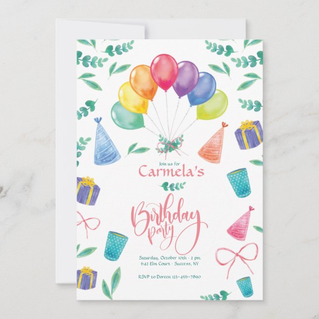 Geburtstagsparty Einladung mit Balloons (Vorderseite)