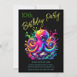Geburtstagsparty- Farbenfroher Tintenfisch-Splash Einladung