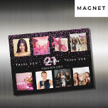 Geburtstagsparty Foto Collage Black Dankeschön Kar Magneteinladung<br><div class="desc">Ein Foto Collage magnetischen Dankeschön Karte für Mädchen und Frauen. Personalisieren Sie 8 Ihrer 21. Geburtstagsparty-Fotos (oder jedes Alters) und fügen Sie diese hinzu. Geben Sie Ihren Namen,  Alter,  Datum ein. Ein stilvoller schwarzer Hintergrund mit rosa und lila Konfetti.</div>