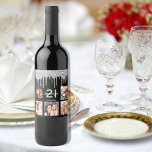 Geburtstagsparty Foto Glitzer schwarz Silber Weinetikett<br><div class="desc">Für eine 21. Geburtstagsfeier (oder jedes Alter),  feiert sie ihr Leben mit einer Collage von 5 eigenen Fotos. Personalisieren und fügen Sie einen Namen,  Alter 21 und ein Datum. Geburtsdatum oder Geburtsdatum des Party. Weiße und graue Buchstaben. Klassische schwarze Hintergrundfarbe,  mit Imitaten verziert mit silbernen Glitzer-Tropfen,  Farbe tropfend aussehen.</div>