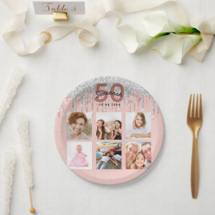 Geburtstagsparty Foto Rose Gold Glitzer Rosa Silbe Pappteller