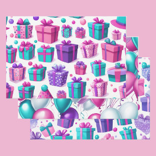 Geburtstagsparty Girl Pink Lila und Aqua Niedlich  Geschenkpapier Set