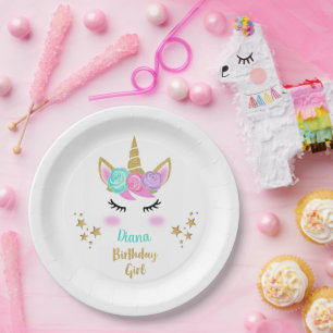 Geburtstagsparty Girl Plate mit Unicorn & Name Pappteller