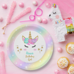 Geburtstagsparty Girl Plate mit Unicorn & Name Pappteller