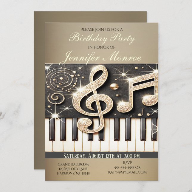 Geburtstagsparty Gold Glitzer Piano Einladung (Vorne/Hinten)