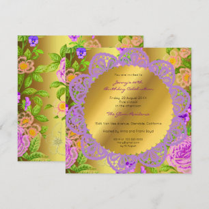Geburtstagsparty Golden Floral Rose Lila Minze Einladung