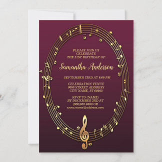 Geburtstagsparty Golden Musical Notes Pink Burgund Einladung