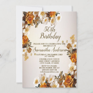 Geburtstagsparty Golden Orange Weiße Blume Rustika Einladung