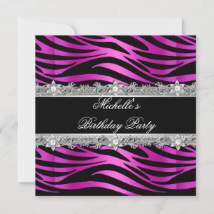 Geburtstagsparty Hot Pink Silber Zebra Diamant Sch Einladung